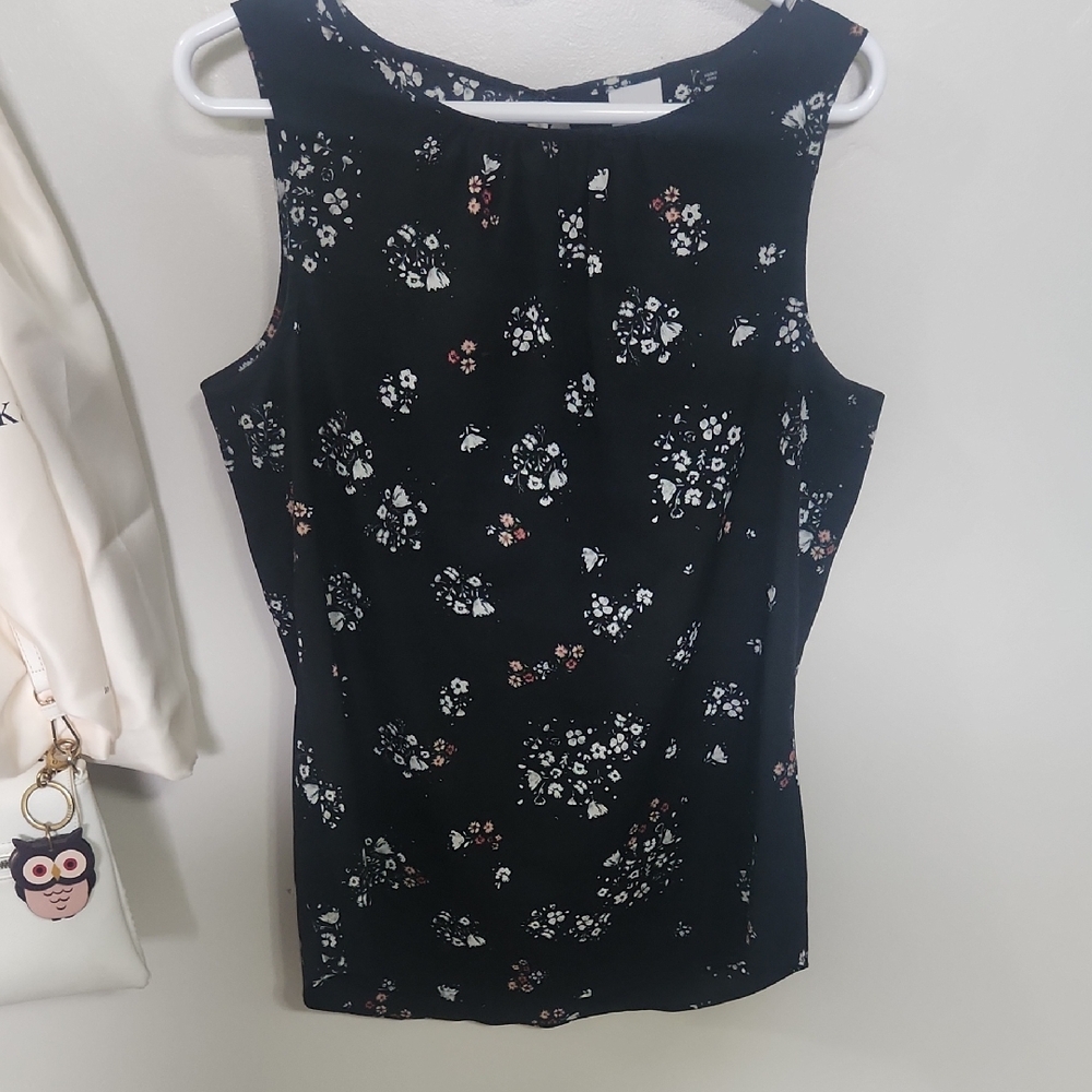 CAbi Black Floral Sleeveless Top with Pink & White Blooms